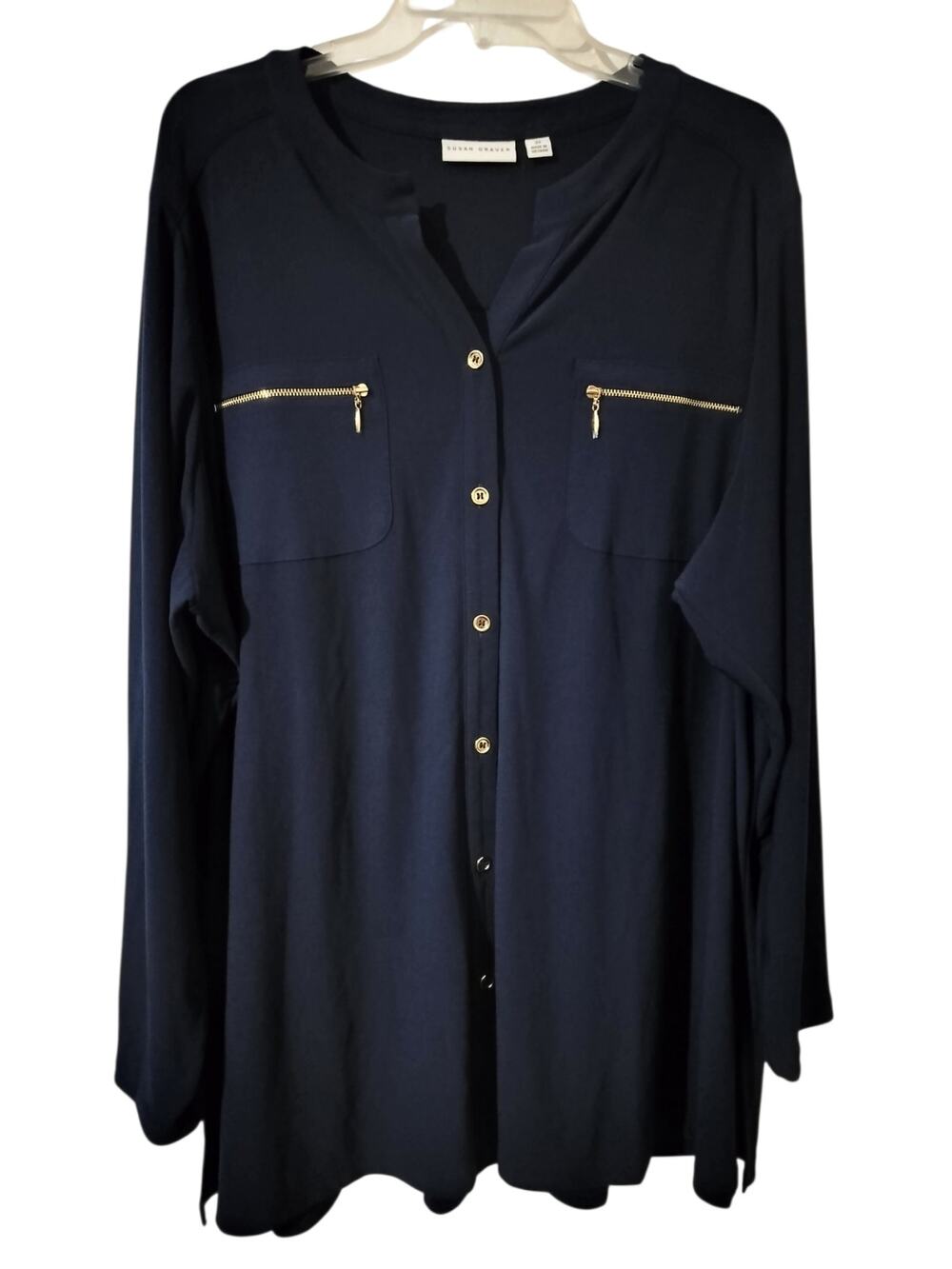 6088)Susan Graver Plus 3X Navy Blue Gold Accent Button Up Pocket Liquid Knit Top